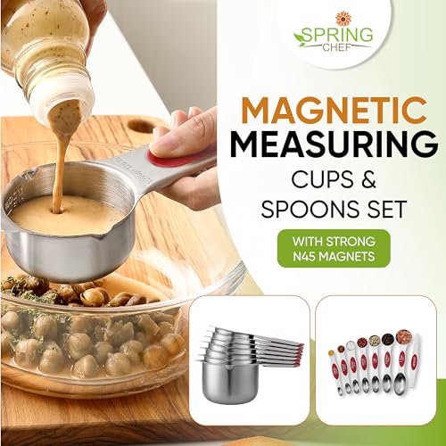 Spring Chef Magnetic Measuring Cups & Spoons Set (Patent Pending), Strong N45 Magnets, Heavy Duty Stainless Steel Fits in Spice Jars for Baking & Cooking, BPA Free, Round Set of 15 with Leveler, Red
