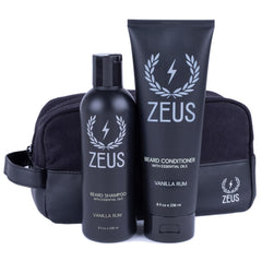 ZEUS Beard Wash & Beard Conditioner Set with Travel Dopp Bag, Daily Hydrating Beard Shampoo & Beard Conditioner with Toiletry Bag (Vanilla Rum) MADE IN USA