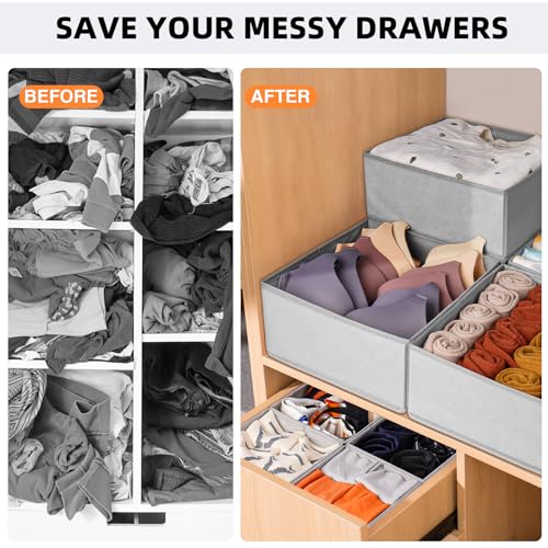 15 Pack Drawer Organizers for Clothing, Foldable Fabric Closet Organizers and Storage Bins for Baby Clothes, Dresser Drawer Dividers for Adult Sock Underwear, Bra, Scarves, Belt, Tie (Grey)