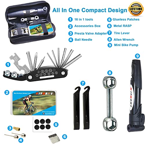 Bike Repair Bag & Bicycle Tire Pump, Tire Puncture Repair Kit, Bike Multi Tool Set, Maintain Bike Repair Tool Kit Portable Bike Bag. Safety Emergency All in One Bike Tool for Camping Travel