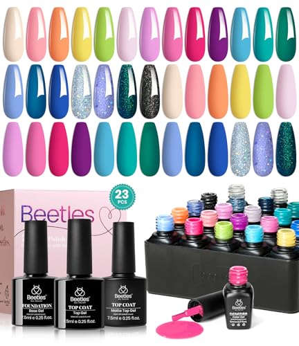 Beetles 23Pcs Gel Nail Polish Set with Base Gel Top Coat Summer Bright Colors, 2024 Summer Gel Polish Kit Blue Pink Purple Orange Green Glitter Soak Off Uv Led Nail Gel Trendy Rainbow Nail Art