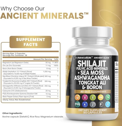 Clean Nutraceuticals Shilajit Supplement 10,000mg with Sea Moss 6000mg, Ashwagandha 6000mg, Tongkat Ali, Boron, Magnesium - Fulvic Acid Capsules for Men - 90 Count