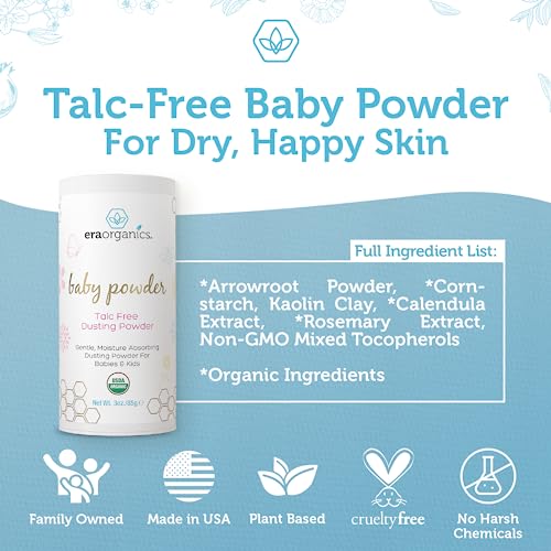 USDA Organic Baby Powder Talc-Free Dusting Powder - Soothing Organic Arrowroot, Calendula and Cornstarch Baby Powder for Newborn, Babies and Toddlers - Made in USA - 3oz/85g