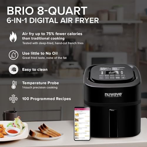 NUWAVE Brio 8-Qt Air Fryer, Powerful 1800W, Easy-to-Read Cool White Display, 50°-400°F Temp Controls, 100 Pre-Programmed Presets & 50 Memory Slots, Integrated Smart Thermometer, Linear T Technology