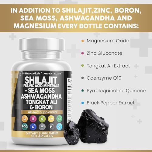 Clean Nutraceuticals Shilajit Supplement 10,000mg with Sea Moss 6000mg, Ashwagandha 6000mg, Tongkat Ali, Boron, Magnesium - Fulvic Acid Capsules for Men - 90 Count