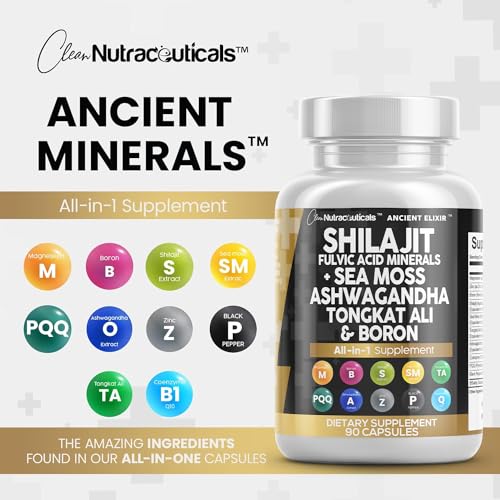 Clean Nutraceuticals Shilajit Supplement 10,000mg with Sea Moss 6000mg, Ashwagandha 6000mg, Tongkat Ali, Boron, Magnesium - Fulvic Acid Capsules for Men - 90 Count