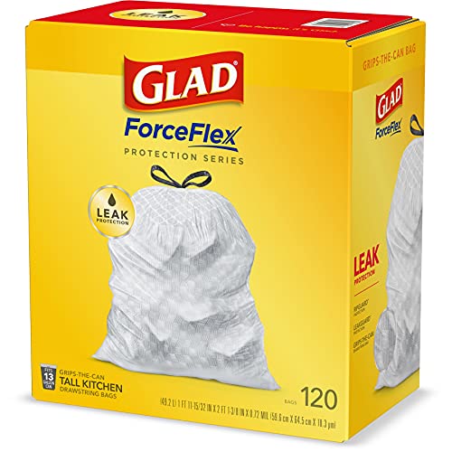 Glad Trash Bags, ForceFlex Tall Kitchen Drawstring Garbage Bags, 13 Gallon, Unscented, 120 Count.