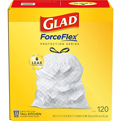 Glad Trash Bags, ForceFlex Tall Kitchen Drawstring Garbage Bags, 13 Gallon, Unscented, 120 Count.