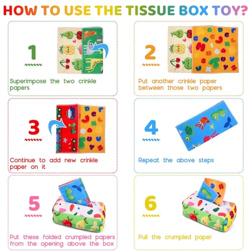 YOGINGO Baby Toys 6 to 12 Months - Tissue Box Toy Montessori for Babies 6-12 Months, Soft Stuffed High Contrast Crinkle Infant Sensory Toys, Boys&Girls Kids Early Learning Gifts