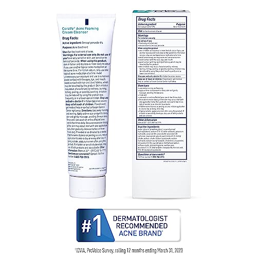 CeraVe Acne Foaming Cream Wash | Gentle Face and Body Acne Cleanser with Benzoyl Peroxide 10%, Hyaluronic Acid, and Niacinamide | Acne Treatment Clears Pimples, Blackheads, Chest and Back Acne | 5 Oz