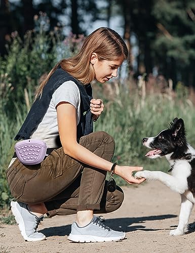 Gobeigo Dog Treat Pouch with Training Clicker 2.0-Upgrade Stronger Magnetic Closure to Avoid Spilling, 1.67 Cup Silicone Treat Bag Fanny Pack with Waist Belt for Pet Training Walking (Violet)