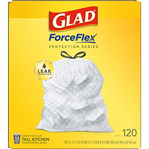 Glad Trash Bags, ForceFlex Tall Kitchen Drawstring Garbage Bags, 13 Gallon, Unscented, 120 Count.