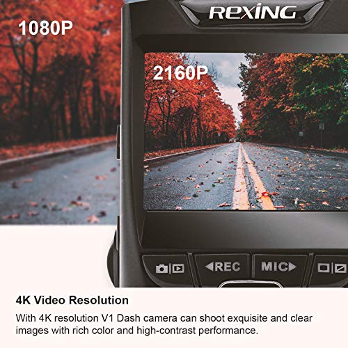 REXING V1 - 4K Ultra HD Car Dash Cam 2.4" LCD Screen, Wi-Fi, 170° Wide Angle Dashboard Camera Recorder with G-Sensor, WDR, Loop Recording, Supercapacitor, Mobile App, 256GB Supported