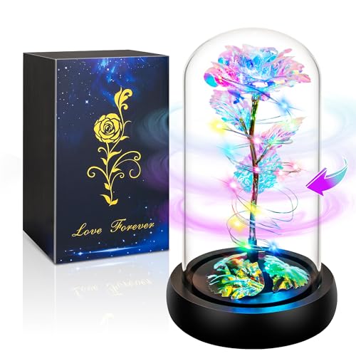 Childom Rotating Birthday Gifts for Women,Mothers Day Rose Gifts,Light Up Rose in Glass Dome,Spinning Rainbow Colorful Rose Flower Gifts for Mom From Daughter,Wife,Anniversary,Graduation Gift,Mom Gift