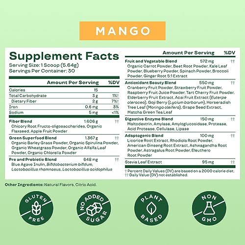 Bloom Nutrition Greens and Superfoods Powder for Digestive Health, Greens Powder with Digestive Enzymes, Probiotics, Spirulina, Chlorella for Bloating and Gut Support, Green Juice Mix, 30 SVG, Mango