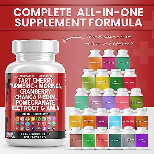 Clean Nutraceuticals Tart Cherry Extract Capsules 20,000mg with Turmeric 8000mg Moringa 4000mg Cranberry 2000mg Chanca Piedra Celery Quercetin ACV Pomegranate L Selenomethionine - Uric Levels - 120 Ct