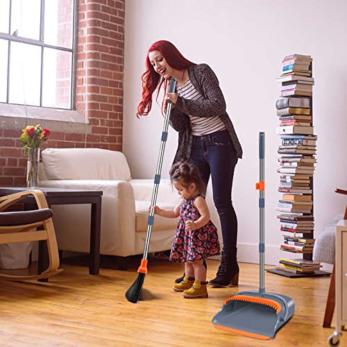 kelamayi Upgrade Broom and Dustpan Set, Self-Cleaning with Dustpan Teeth, Indoor&Outdoor Sweeping, Ideal for Dog Cat Pets Home Use, Stand Up Broom and Dustpan (Gray&Orange)