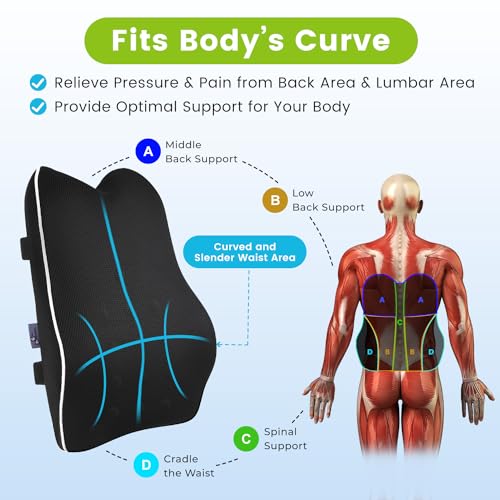 Lumbar Support Pillow for Office Chair Back Support Pillow for Chair,Car,Recliner -Memory Foam Lumbar Pillow Back Pillow for Pain Relief,Improve Posture -Two Adjustalbe Straps & Ventilate Mesh Cover