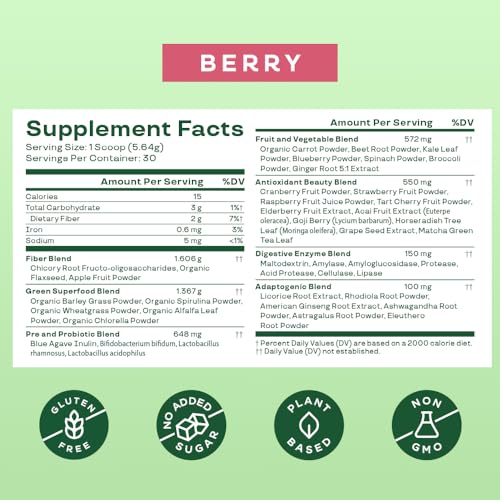 Bloom Nutrition Greens and Superfoods Powder for Digestive Health, Greens Powder with Digestive Enzymes, Probiotics, Spirulina, Chlorella for Bloating and Gut Support, Amazon Exclusive, 30 SVG, Berry