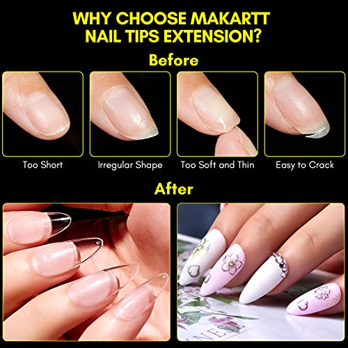 Makartt Almond Nail Tips 500pcs Medium Pre-buffed Full Cover Clear Press on Nails 10 Sizes Soak Off Soft Gel Nail Tips Extension Professional Acrylic Fake Nails No Crease False Nail Salon DIY Nail Art