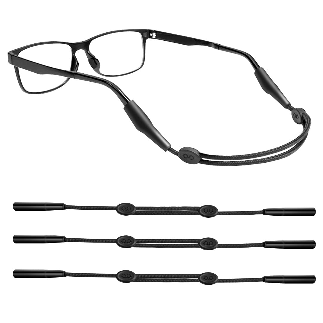 Festty Glasses Strap Sports 3 pcs Eyeglasses Strap Holder for Kids Women Men, Adjustable Sunglasses Strap Eye Glasses String Strap (Black)