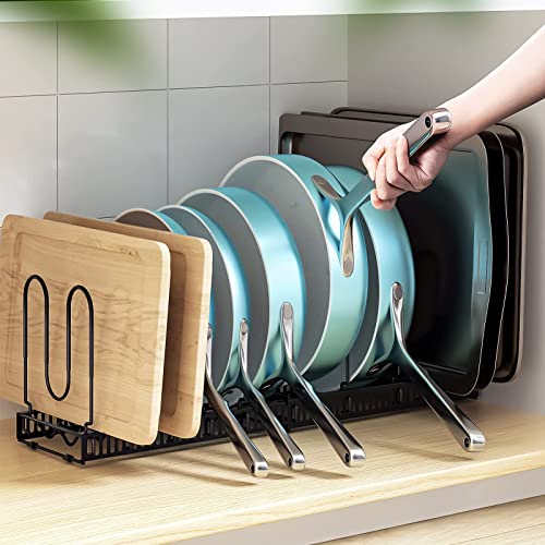 ORDORA Pots and Pans Organizer: Rack for Cabinet, Expandable Cutting Board Pot Lid Organizer Holder with 10 Adjustable Dividers for Kitchen Cabinet Organizers and Storage