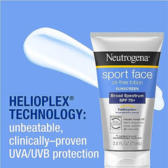 Neutrogena Sport Face Sunscreen SPF 70+, Oil-Free Facial Sunscreen Lotion with Broad Spectrum UVA/UVB Sun Protection, Sweat-Resistant & Water-Resistant, 2.5 fl. oz