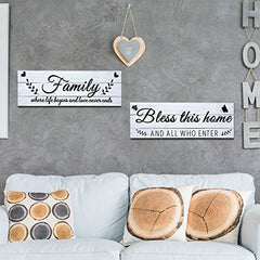 Jetec Wooden Family Signs Rustic Bless This Home Wood Family Decor Wall Art Farmhouse Entryway Decoration for Bedroom Living Room Office, 13.8 x 4.7 Inch (White)
