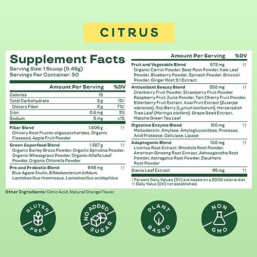 Bloom Nutrition Greens and Superfoods Powder for Digestive Health, Greens Powder with Digestive Enzymes, Probiotics, Spirulina, Chlorella for Bloating and Gut Support, Green Juice Mix, 30 SVG, Citrus