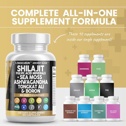 Clean Nutraceuticals Shilajit Supplement 10,000mg with Sea Moss 6000mg, Ashwagandha 6000mg, Tongkat Ali, Boron, Magnesium - Fulvic Acid Capsules for Men - 90 Count