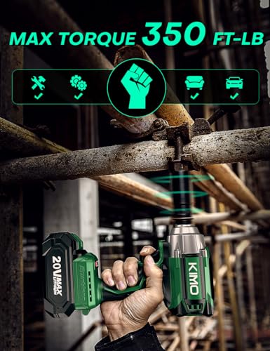 KIMO Cordless Impact Wrench 1/2 Inch, Impact Wrench Kit w/Premium Brake Stop, 7 Sockets, 1/2 Impact Gun, Brushless High Torque Impact Driver with 350 ft-lbs (475N.m) & 3000 RPM and Battery & Charger