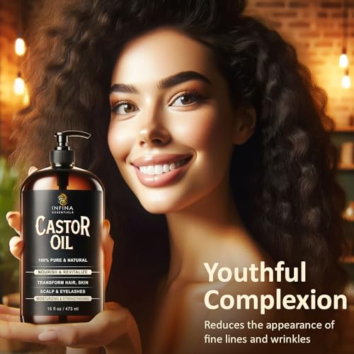 INFINA ESSENTIALS Pure Castor Oil Cold Pressed Hexane Free - Castor Oil Glass Bottle, Cold Pressed Castor Oil for Hair Growth, Face, Scalp, Skin, & Eyelashes - Nourish & Moisturize - 16 fl oz