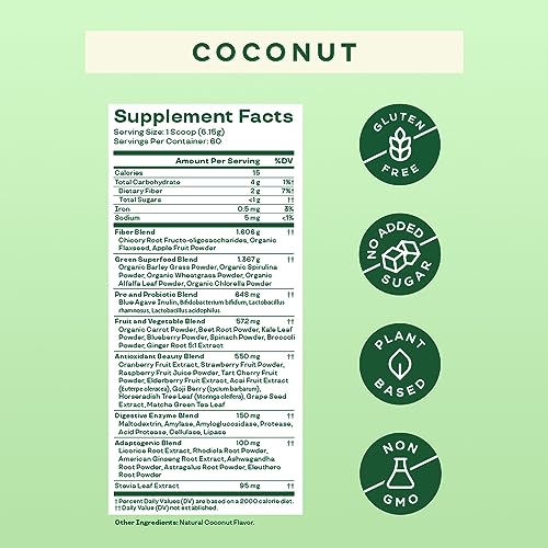 Bloom Nutrition Greens and Superfoods Powder for Digestive Health, Greens Powder with Digestive Enzymes, Probiotics, Spirulina, Chlorella for Bloating and Gut Support, Green Juice Mix, 60 SVG, Coconut