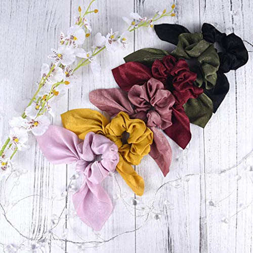 Aileam 6PCS Hair Scrunchies Satin SilkRabbit Bunny Ear Bow Bowknot Scrunchie Bobbles Elastic Hair Ties Bands Ponytail Holder for Women Accessories