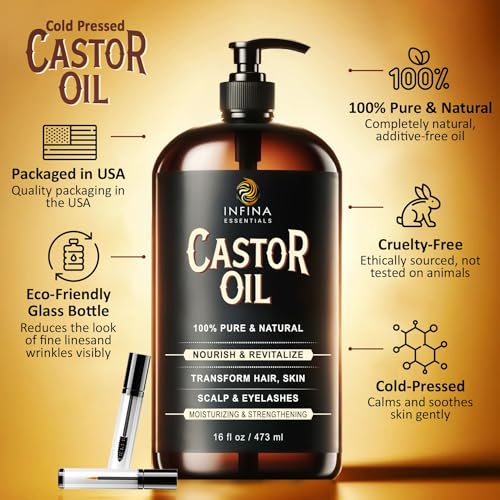 INFINA ESSENTIALS Pure Castor Oil Cold Pressed Hexane Free - Castor Oil Glass Bottle, Cold Pressed Castor Oil for Hair Growth, Face, Scalp, Skin, & Eyelashes - Nourish & Moisturize - 16 fl oz