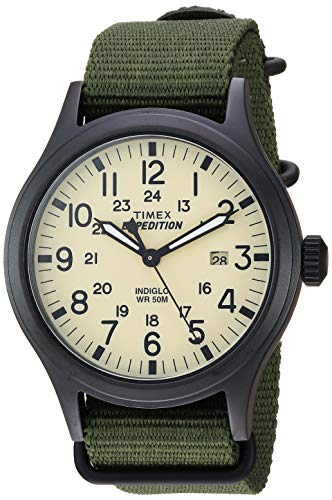 Timex Men's Expedition Scout 40mm Watch – Black Case Cream Dial with Green Fabric Strap