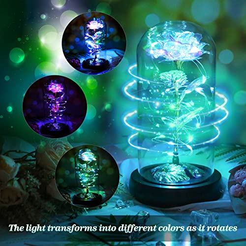 Childom Rotating Birthday Gifts for Women,Mothers Day Rose Gifts,Light Up Rose in Glass Dome,Spinning Rainbow Colorful Rose Flower Gifts for Mom From Daughter,Wife,Anniversary,Graduation Gift,Mom Gift