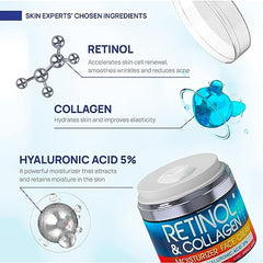 Retinol Cream for Face with Hyaluronic Acid, Day-Night Anti-Aging Moisturizer for Women, Men, Collagen Cream for Face Reduces Wrinkles, Dryness, 1.85 Oz