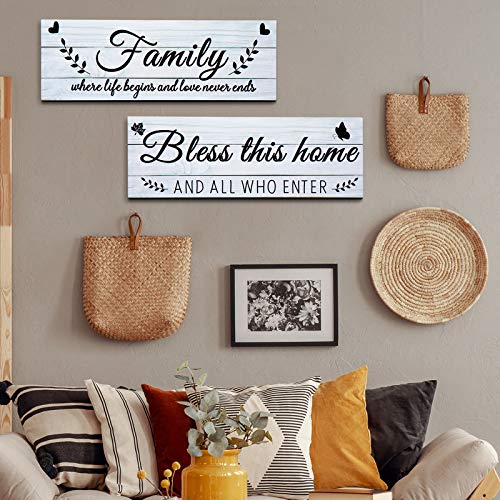 Jetec Wooden Family Signs Rustic Bless This Home Wood Family Decor Wall Art Farmhouse Entryway Decoration for Bedroom Living Room Office, 13.8 x 4.7 Inch (White)