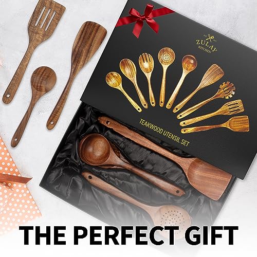 Zulay Kitchen 9-Piece Teak Wooden Utensils for Cooking - Natural Teak Utensil Set with Premium Gift Box - Non-Stick Wooden Spoons for Cooking - Kitchen Gift Set - Comfortable Grip Wooden Utensil Set