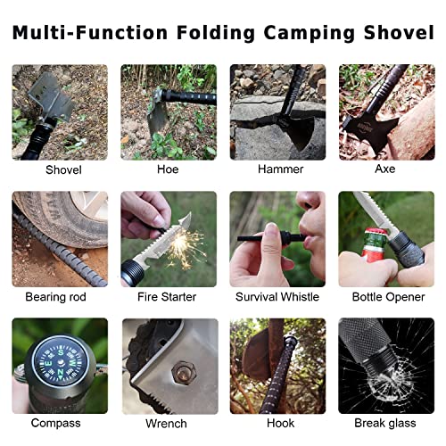 Sunkoon Survival Shovel Survival Axe, Camping Folding Shovels Hatchet with 19.2-37.8inch Lengthened Handle Enlarged Shovelhead High Carbon Steel with Storage Pouch for Camping Cycling Hiking