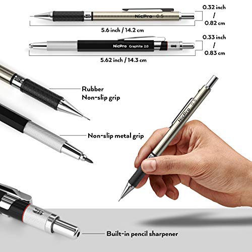 Nicpro 6PCS Art Mechanical Pencils Set, 3PCS Metal Drafting Pencil 0.5 mm & 0.7 mm & 0.9 mm & 3PCS 2mm Graphite Lead Holder (2B HB 2H) For Writing, Sketching Drawing With Lead Refills Case