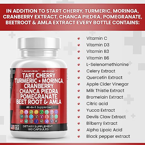 Clean Nutraceuticals Tart Cherry Extract Capsules 20,000mg with Turmeric 8000mg Moringa 4000mg Cranberry 2000mg Chanca Piedra Celery Quercetin ACV Pomegranate L Selenomethionine - Uric Levels - 120 Ct