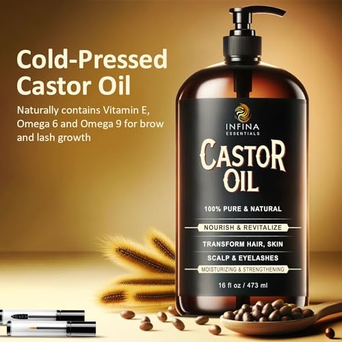 INFINA ESSENTIALS Pure Castor Oil Cold Pressed Hexane Free - Castor Oil Glass Bottle, Cold Pressed Castor Oil for Hair Growth, Face, Scalp, Skin, & Eyelashes - Nourish & Moisturize - 16 fl oz