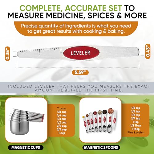 Spring Chef Magnetic Measuring Cups & Spoons Set (Patent Pending), Strong N45 Magnets, Heavy Duty Stainless Steel Fits in Spice Jars for Baking & Cooking, BPA Free, Round Set of 15 with Leveler, Red