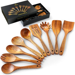 Zulay Kitchen 9-Piece Teak Wooden Utensils for Cooking - Natural Teak Utensil Set with Premium Gift Box - Non-Stick Wooden Spoons for Cooking - Kitchen Gift Set - Comfortable Grip Wooden Utensil Set