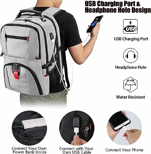 YOREPEK Travel Backpack, Extra Large 50L Laptop Backpacks for Men Women, Water Resistant College Backpack Airline Approved Business Work Bag with USB Charging Port Fits 17 Inch Computers, Light Grey