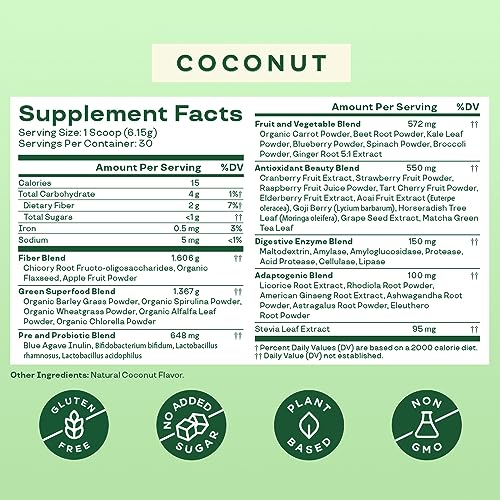 Bloom Nutrition Greens and Superfoods Powder for Digestive Health, Greens Powder with Digestive Enzymes, Probiotics, Spirulina, Chlorella for Bloating and Gut Support, Green Juice Mix, 30 SVG, Coconut