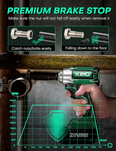 KIMO Cordless Impact Wrench 1/2 Inch, Impact Wrench Kit w/Premium Brake Stop, 7 Sockets, 1/2 Impact Gun, Brushless High Torque Impact Driver with 350 ft-lbs (475N.m) & 3000 RPM and Battery & Charger