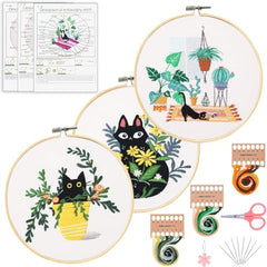 Santune 3 Pack Embroidery Kits for Adults Cross Stitch Kits for Beginners Hand Embroidery with Cat Patterns and Instructions Hobby Kits for Adults with Embroidery Hoops, Threads and Needles